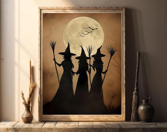 Three Witches Silhouette Full Moon Bats Vintage Halloween Poster