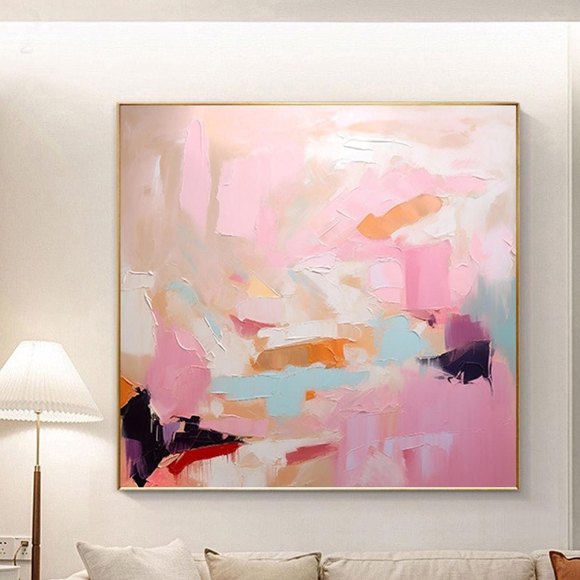 Pink Beige Cream Abstract Brushwork Gold Framed Gallery Wall Art