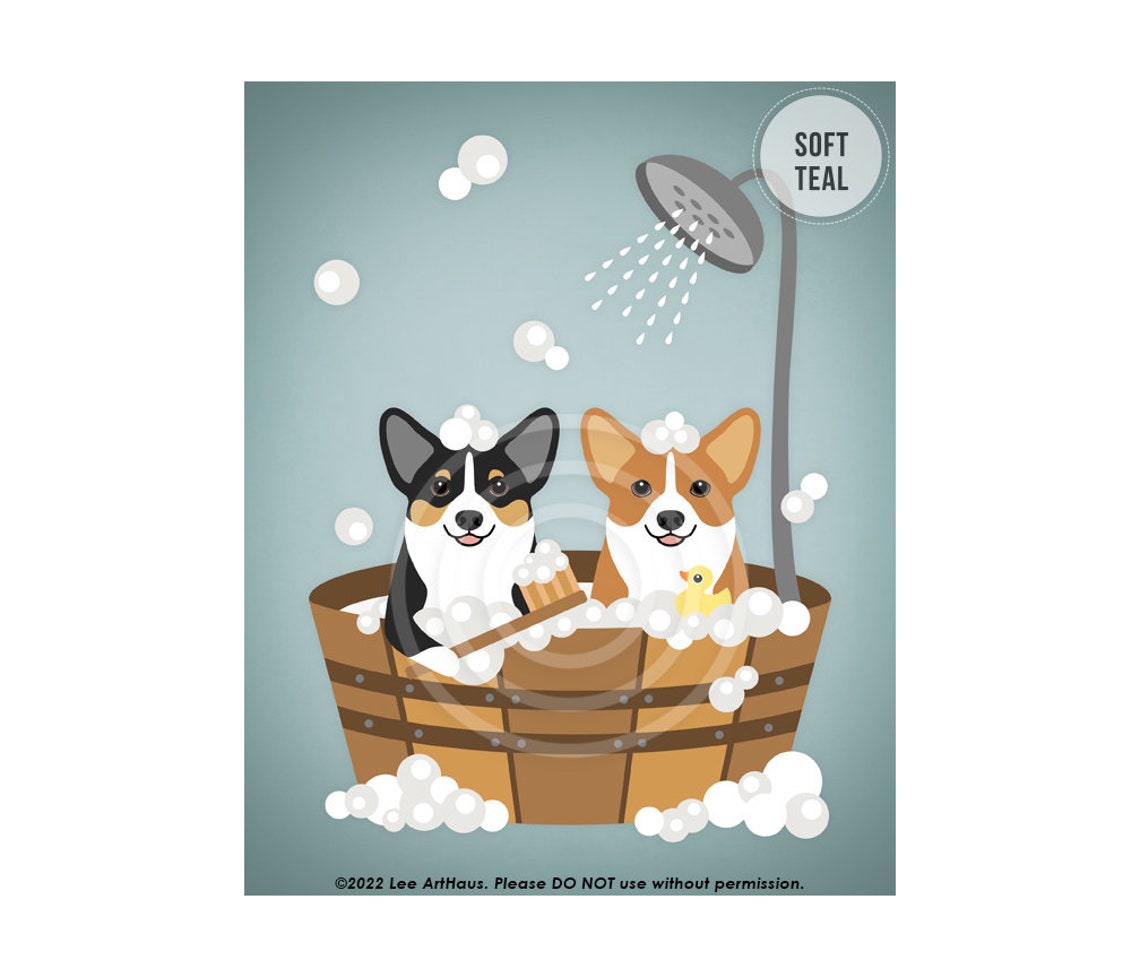 Two Corgis in Wooden Bucket Bubble Bath With Duck Funny Poster - Image 4
