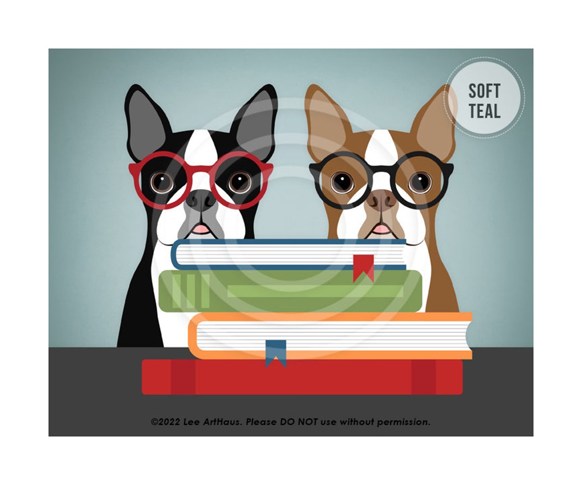 Two Boston Terriers With Glasses And Books Cute Dog Reading Poster - Image 4