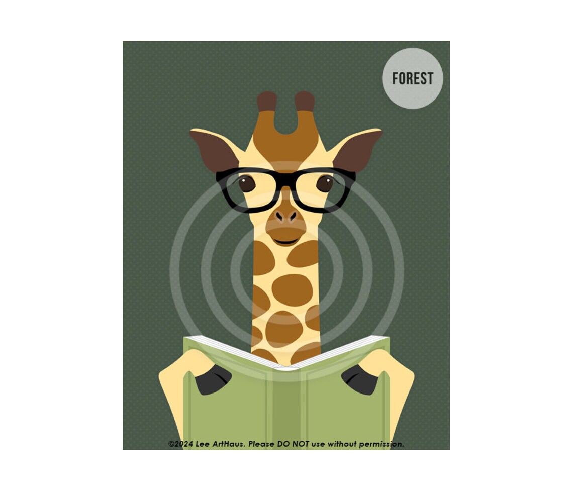 Cute Giraffe Reading Book With Glasses Green Safari Animal Nursery Poster - Image 5