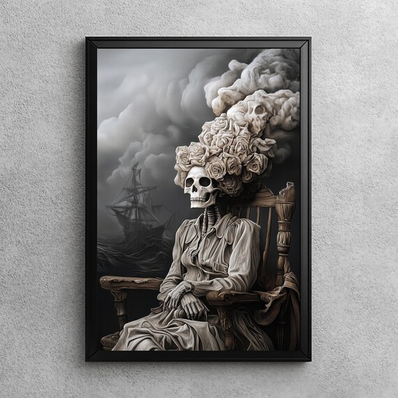 Skeleton With Roses Vintage Halloween Oil Painting Spooky Wall Art Gothic Decor Haunted Ship Background