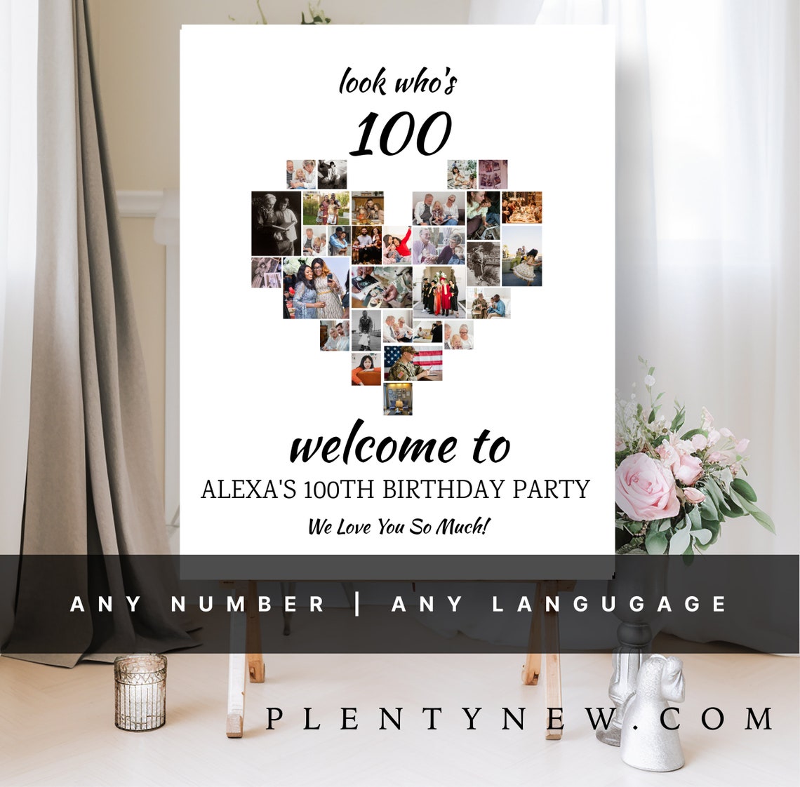 Look Whos 100 Heart Photo Collage Birthday Party Welcome Poster