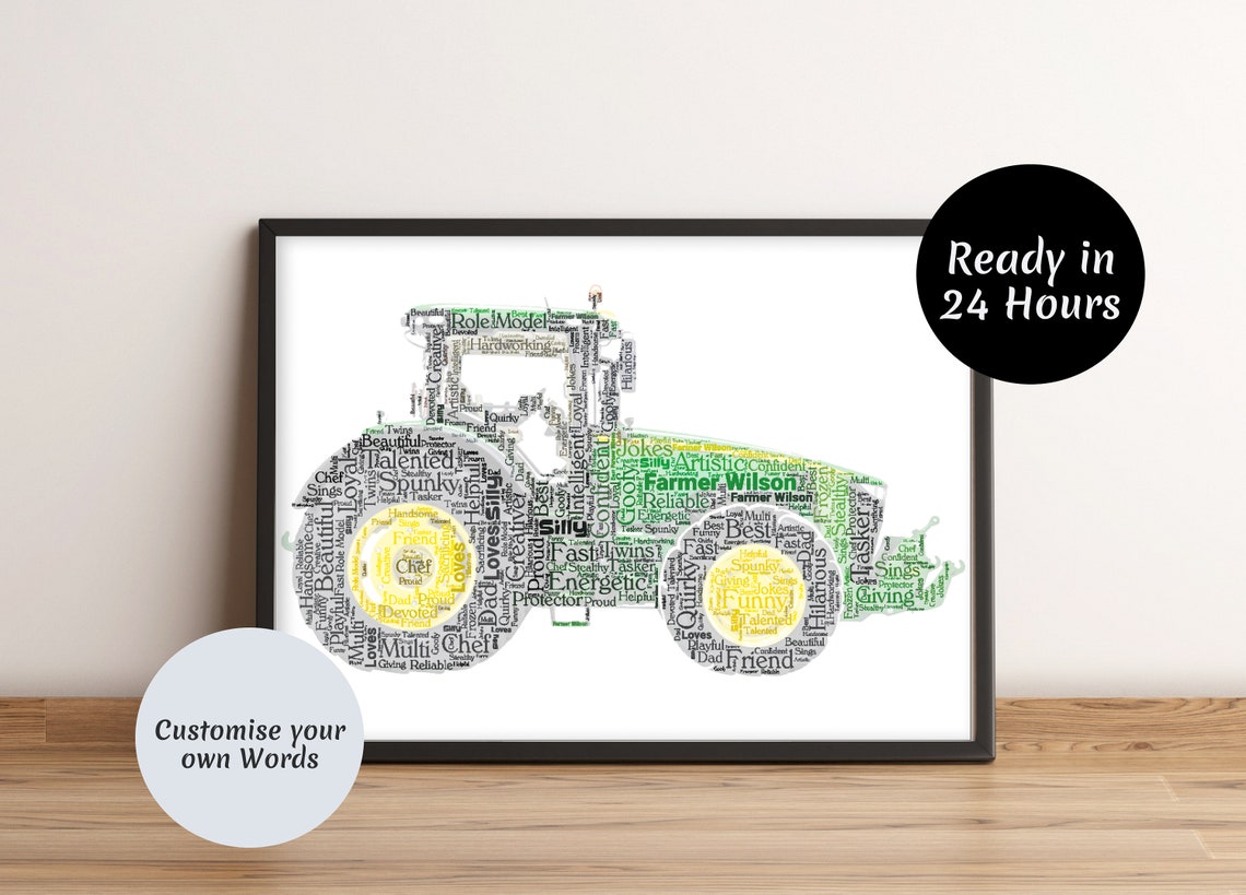 Green Tractor Silhouette Word Art Personalised Farmer Gift Poster