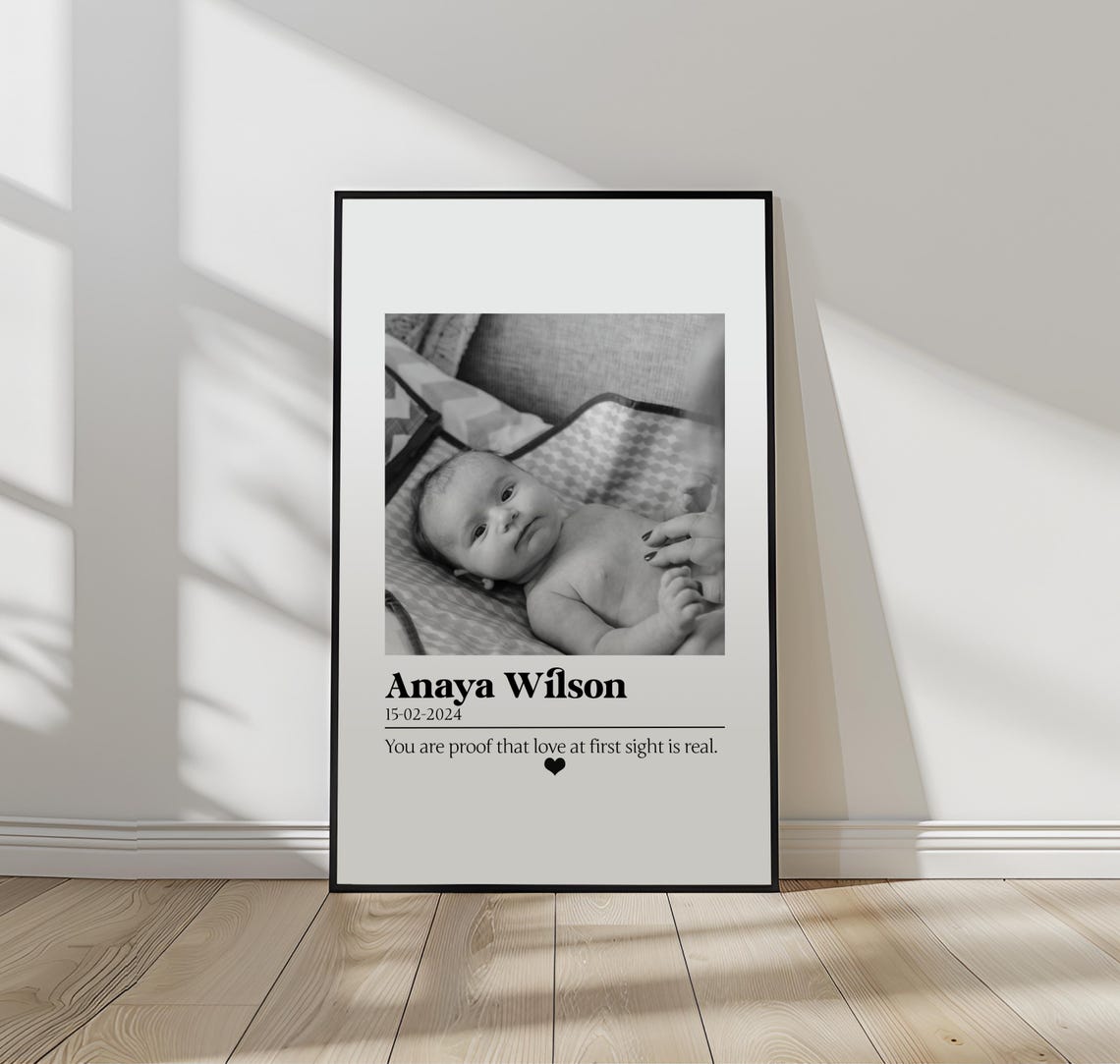 New Baby Photo Poster with Name Date Love at First Sight Quote Gift