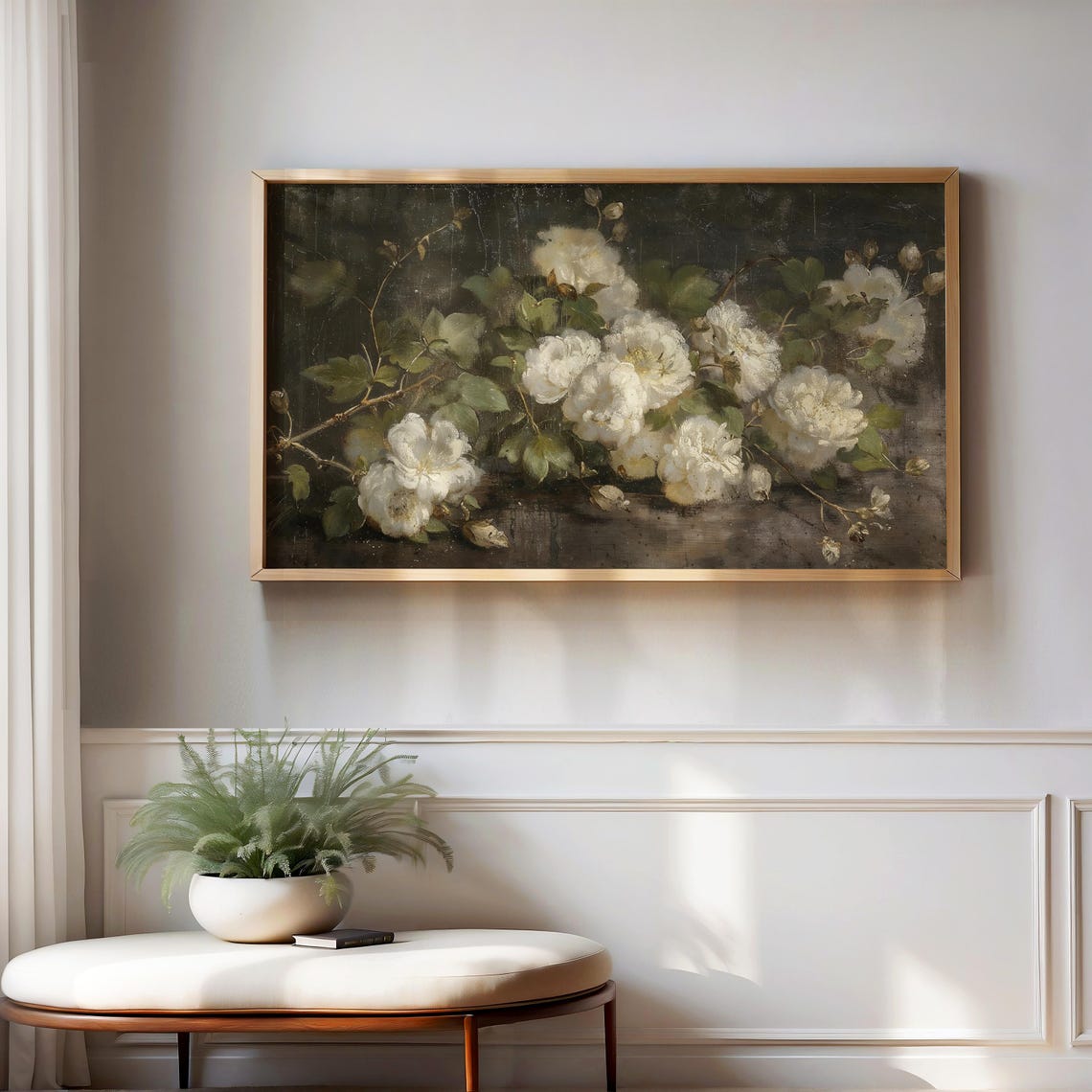 White Roses Moody Floral Painting Dark Romantic Bloom Wall Art - Image 3