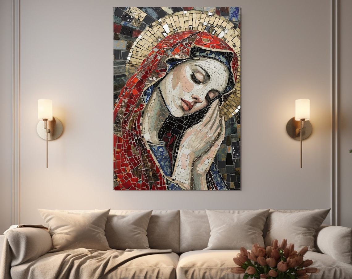Virgin Mary Mosaic Portrait Praying Hands Halo Religious Decor Poster