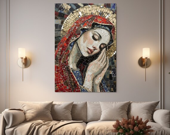 Virgin Mary Mosaic Portrait Praying Hands Halo Religious Decor Poster