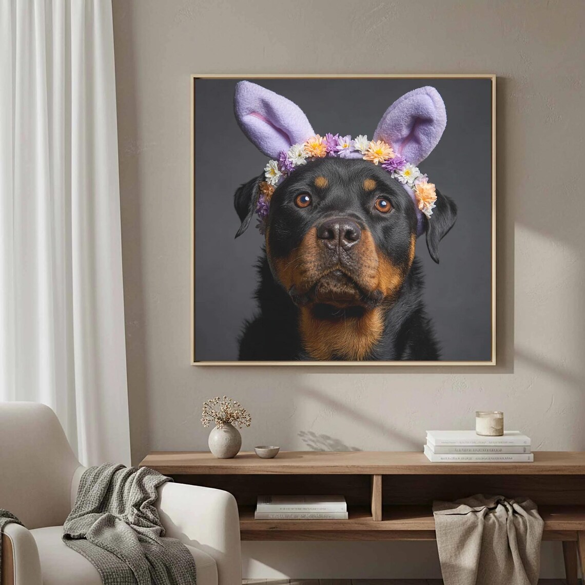 Rottweiler Wearing Bunny Ears Floral Crown Dog Portrait Poster