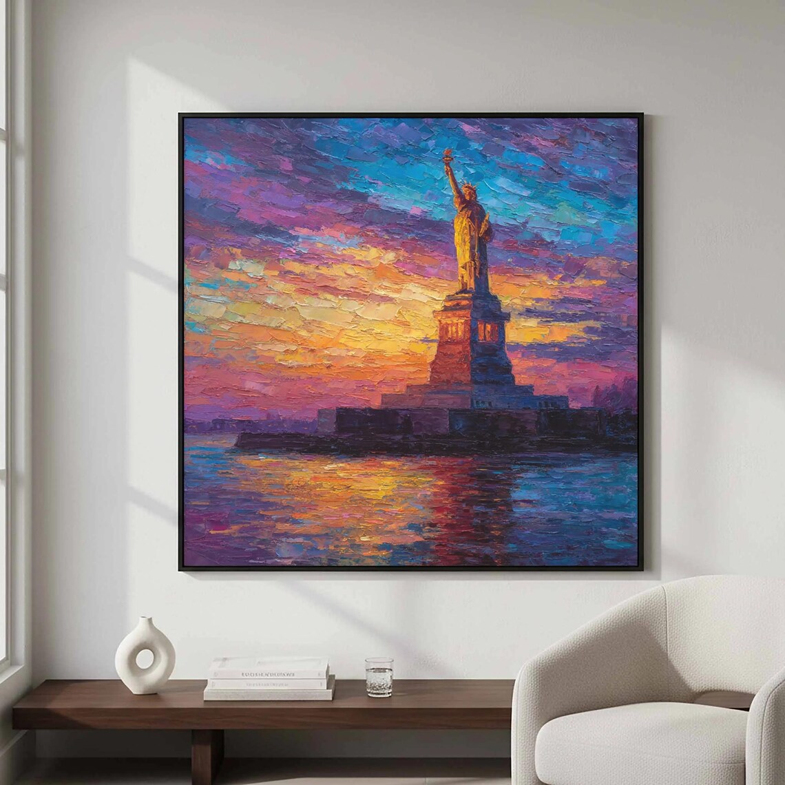Statue of Liberty Sunrise Impasto Oil Painting Art Wall Poster