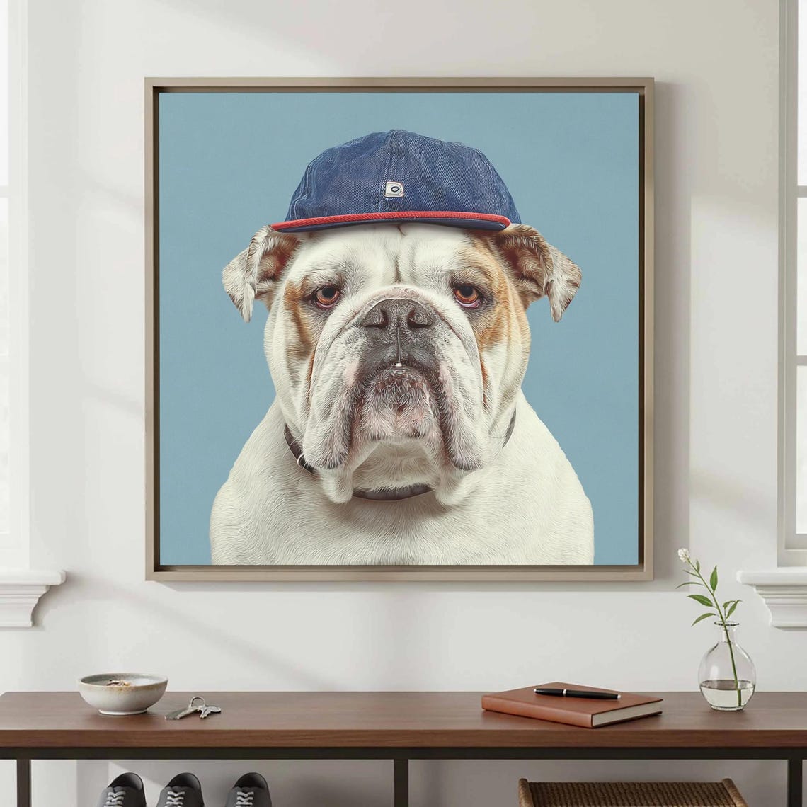 Cute Bulldog Wearing Denim Blue Cap Portrait Funny Dog Wall Art