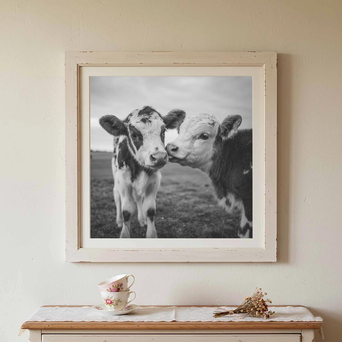 Two Calves Nuzzling Black and White Farm Animal Photo Art Print