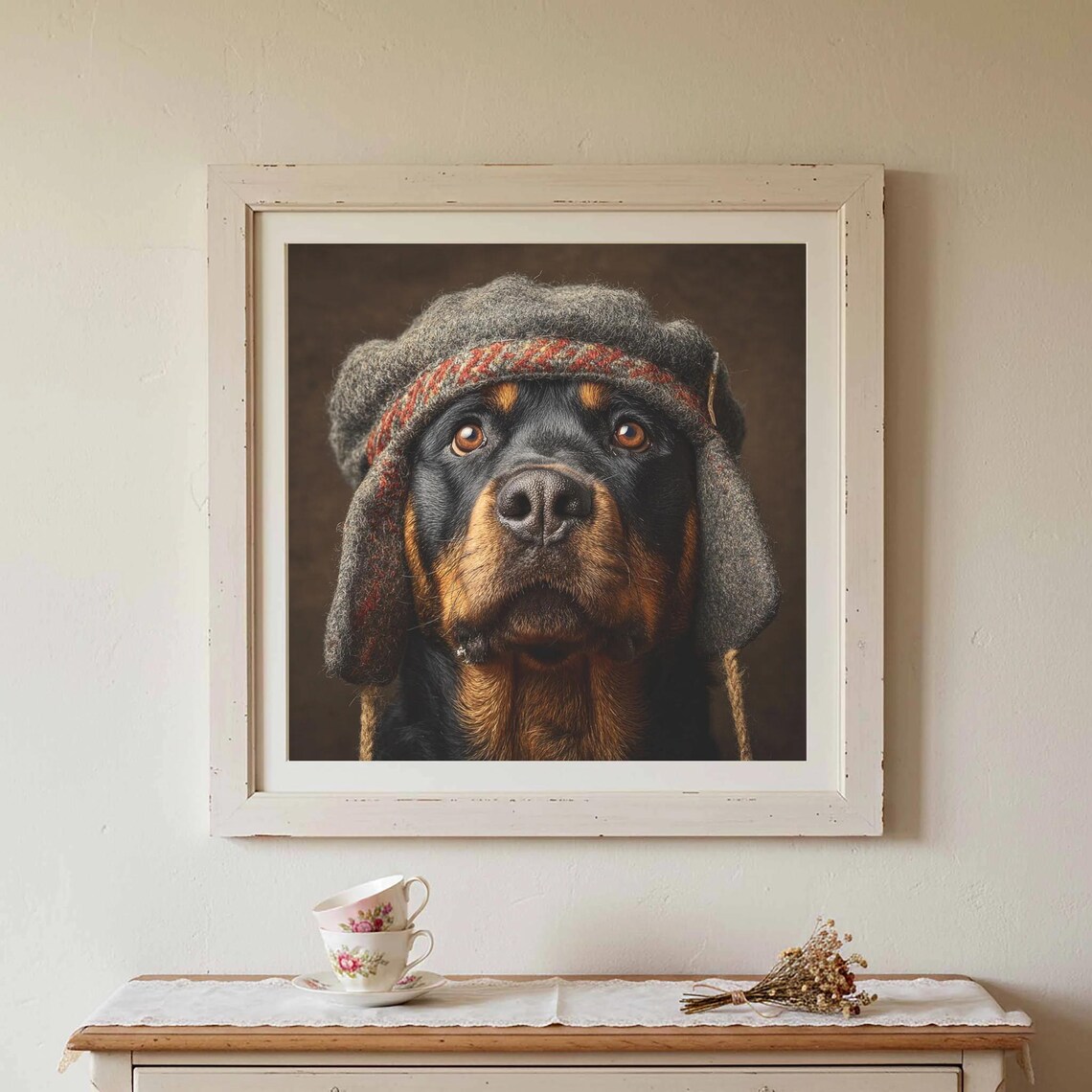 Cozy Rottweiler Dog Portrait Knit Winter Hat Funny Pet Wall Art