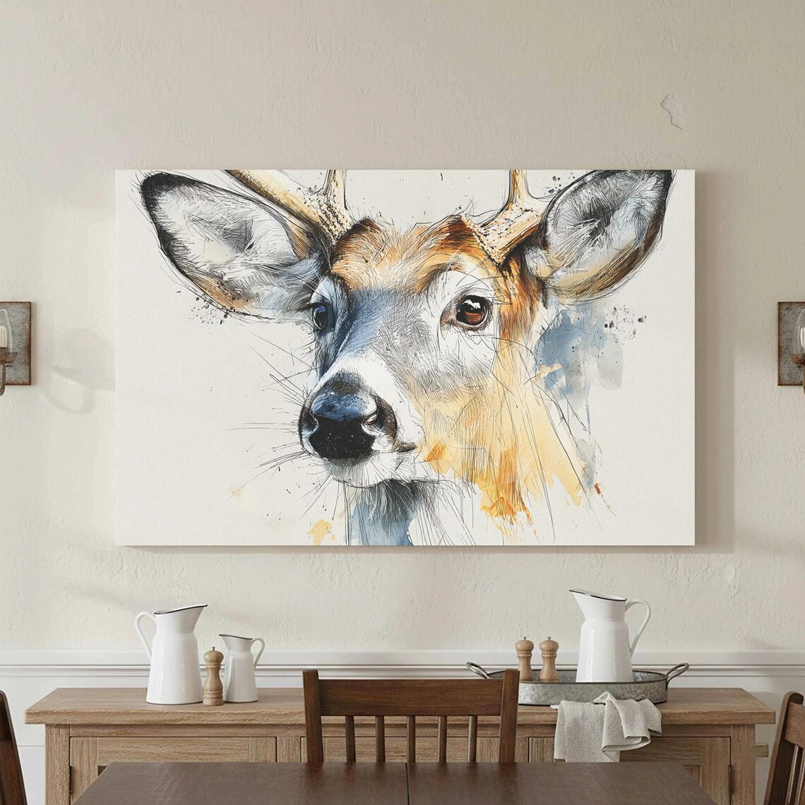 Whitetail Deer Portrait Sketch Watercolor Wildlife Animal Art Poster