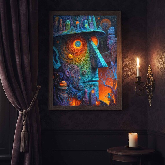 Vivid Neon Surreal Face Glowing Psychedelic Abstract Wall Art