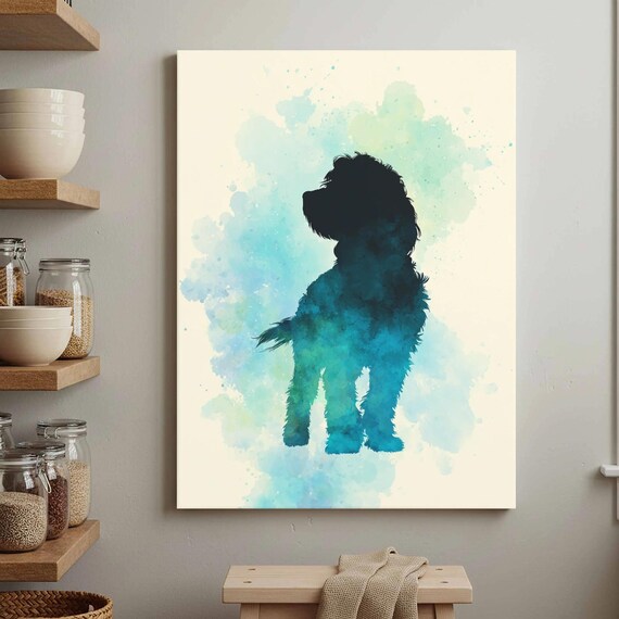 Cavapoo Dog Canvas Wall Art Blue Green Abstract Print