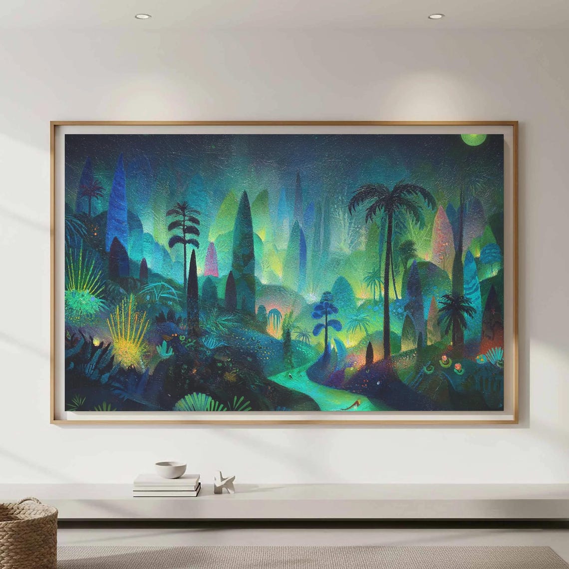 Dreamy Glowing Neon Jungle Night Forest Fantasy Landscape Wall Art