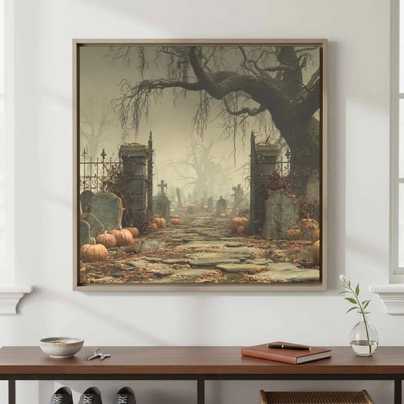 Halloween Graveyard Canvas Wall Art Spooky Cemetery Print