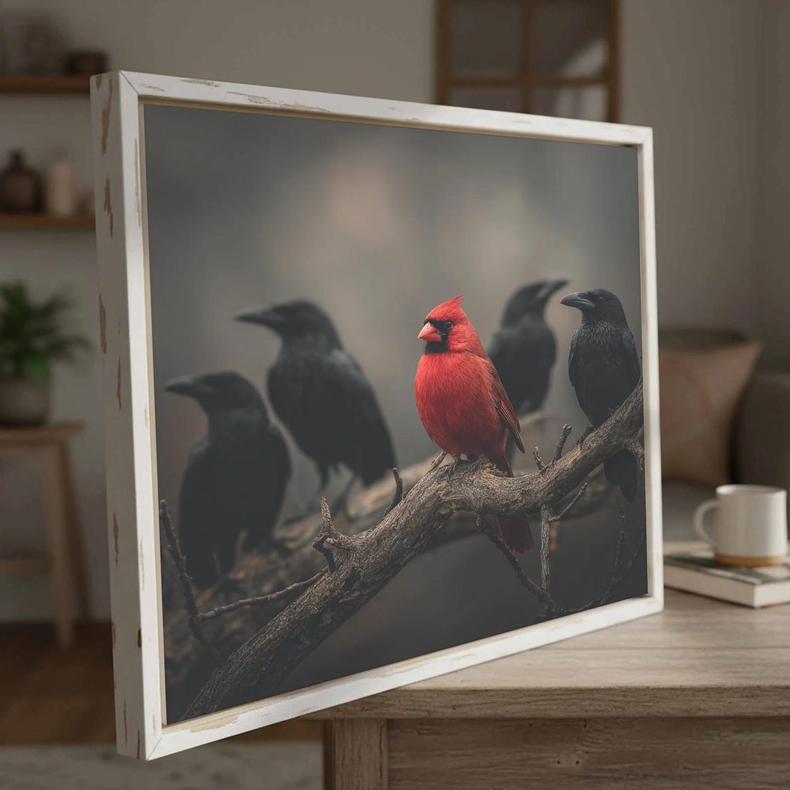 Red Cardinal Among Black Crows Moody Wildlife Bird Branch Poster