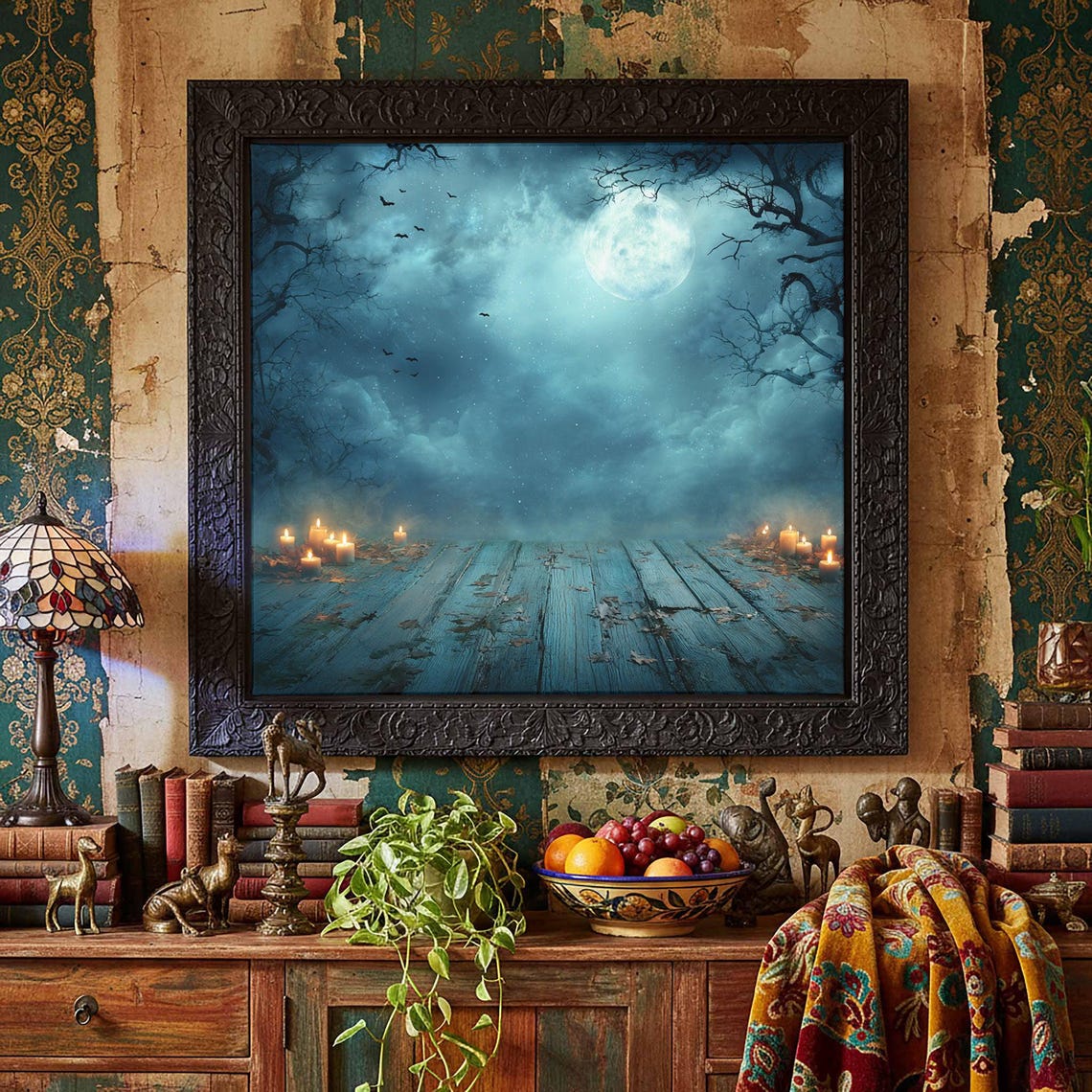 Halloween Moon Wall Art Spooky Night Scene Canvas Print
