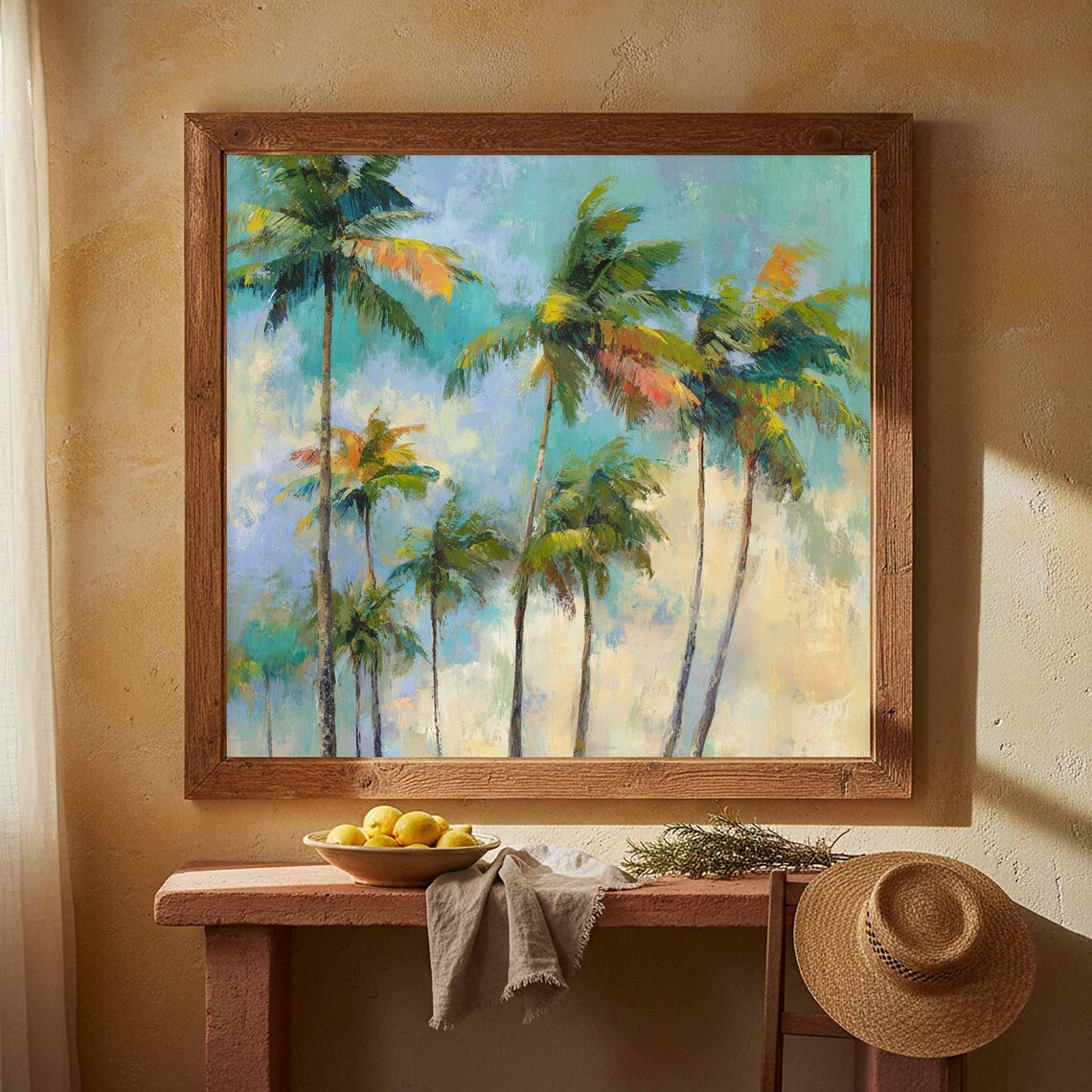 Tropical Palm Trees Impressionist Coastal Painting Turquoise Sky Poster
