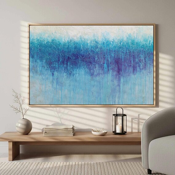 Abstract Blue Gradient Canvas Wall Art Modern Drip Painting Print