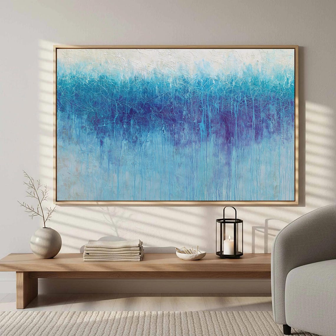 Abstract Blue Gradient Drip Painting Modern Textured Wall Art