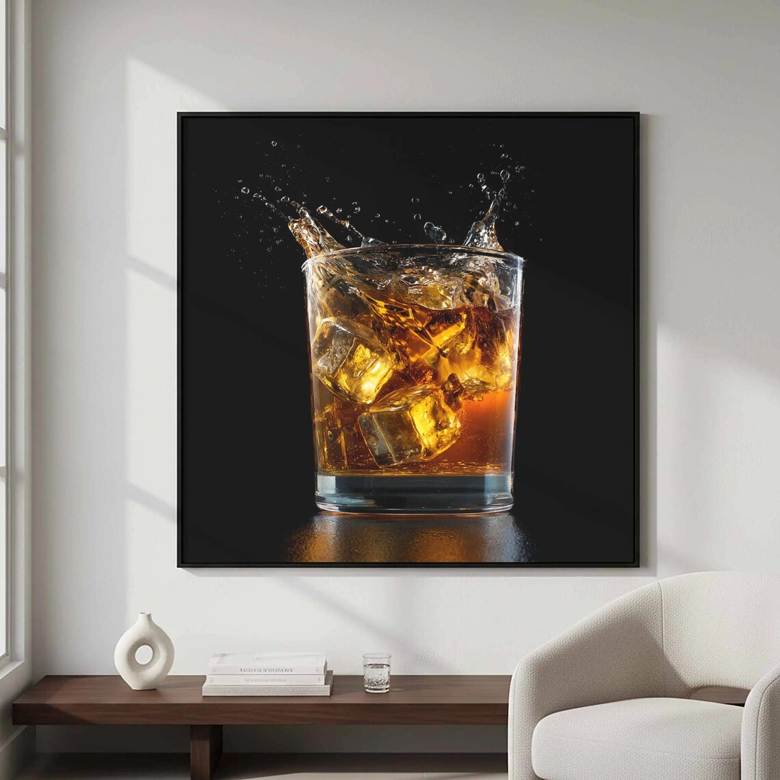 Whiskey Splash Glass Ice Black Background Photography Poster