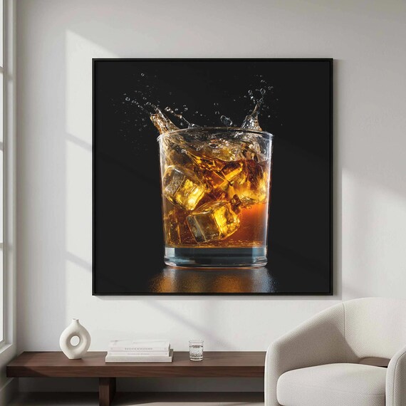 Whiskey Splash Glass Ice Black Background Photography Poster