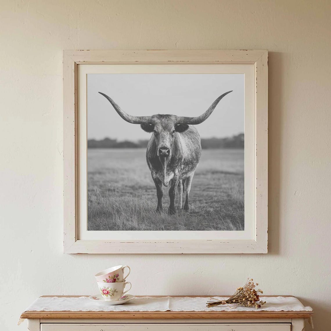 Texas Longhorn Cow Black and White Western Ranch Wall Poster