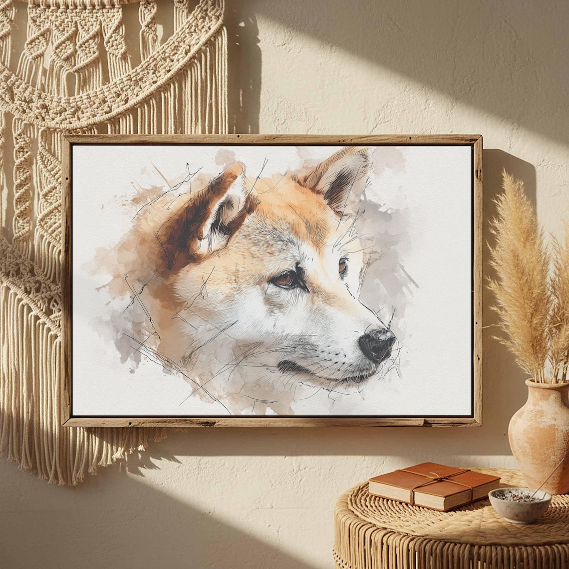 Shiba Inu Watercolor Dog Portrait Sketch Japanese Breed Art Poster