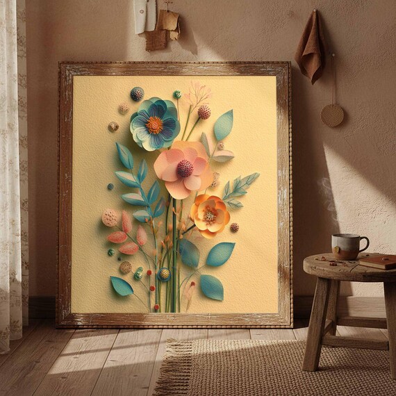 Layered Paper Flowers 3D Floral Art Peach Teal Botanical Wall Art