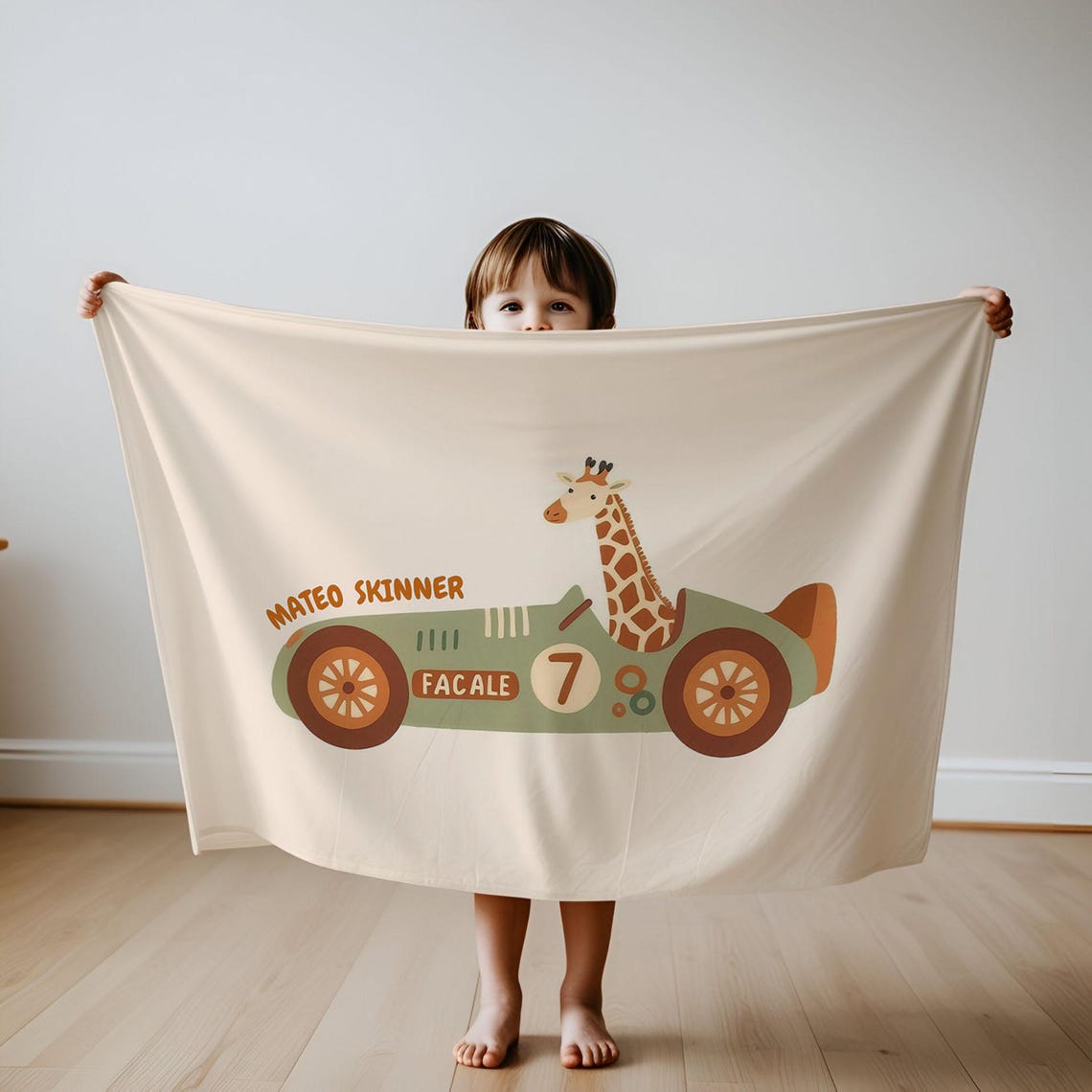 Giraffe Driving A Vintage Race Car Personalized Name Blanket Poster