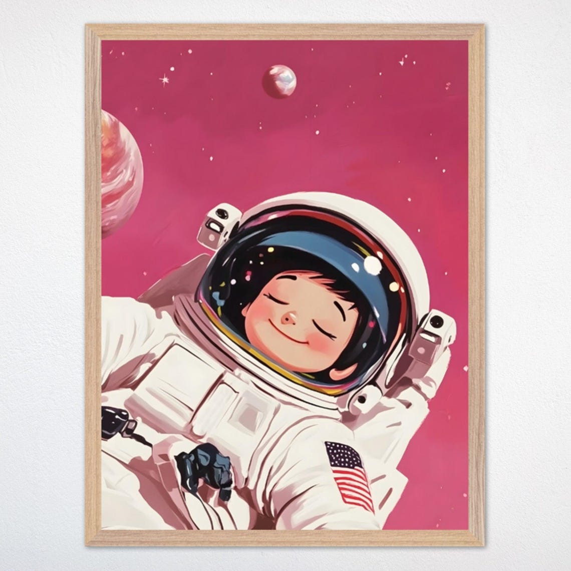Sleeping Little Astronaut Drifting Through Pink Space Nursery Poster