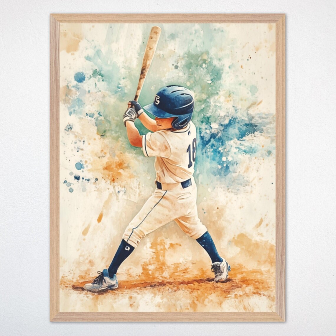 Watercolor Little League Batter Mid-Swing in Number 18 Jersey Poster