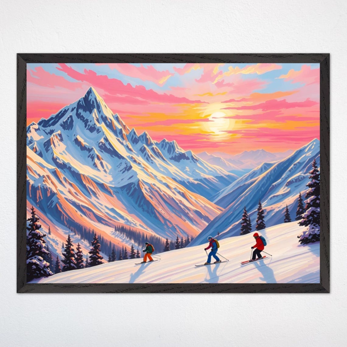 Three Skiers Gliding Down a Snowy Slope at Sunrise Mountain Poster