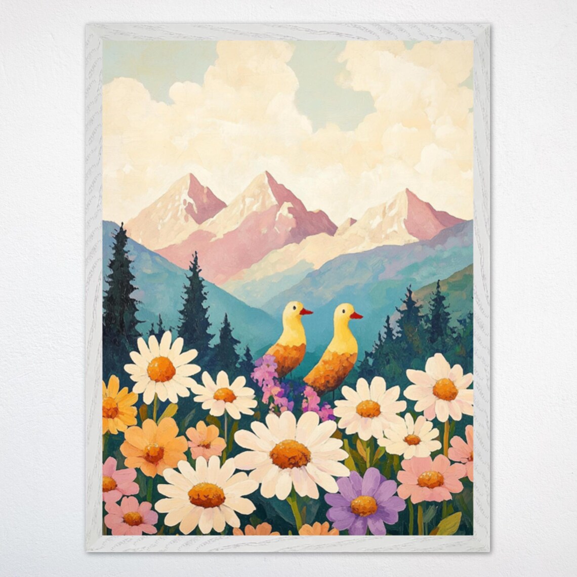Two Birds Among Wildflowers with Pink Alpine Mountains Art Poster