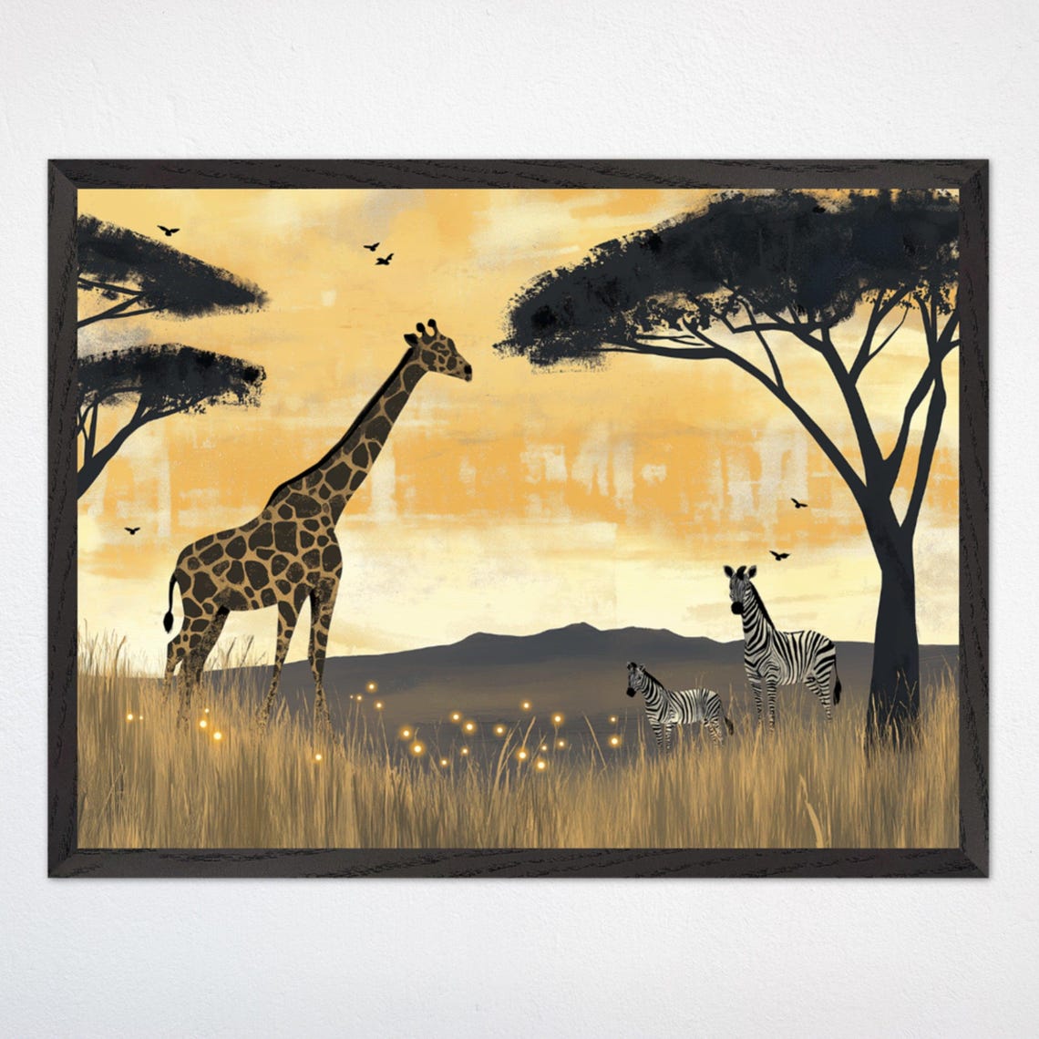 Giraffe and Zebra African Safari Sunset Savanna Nursery Poster