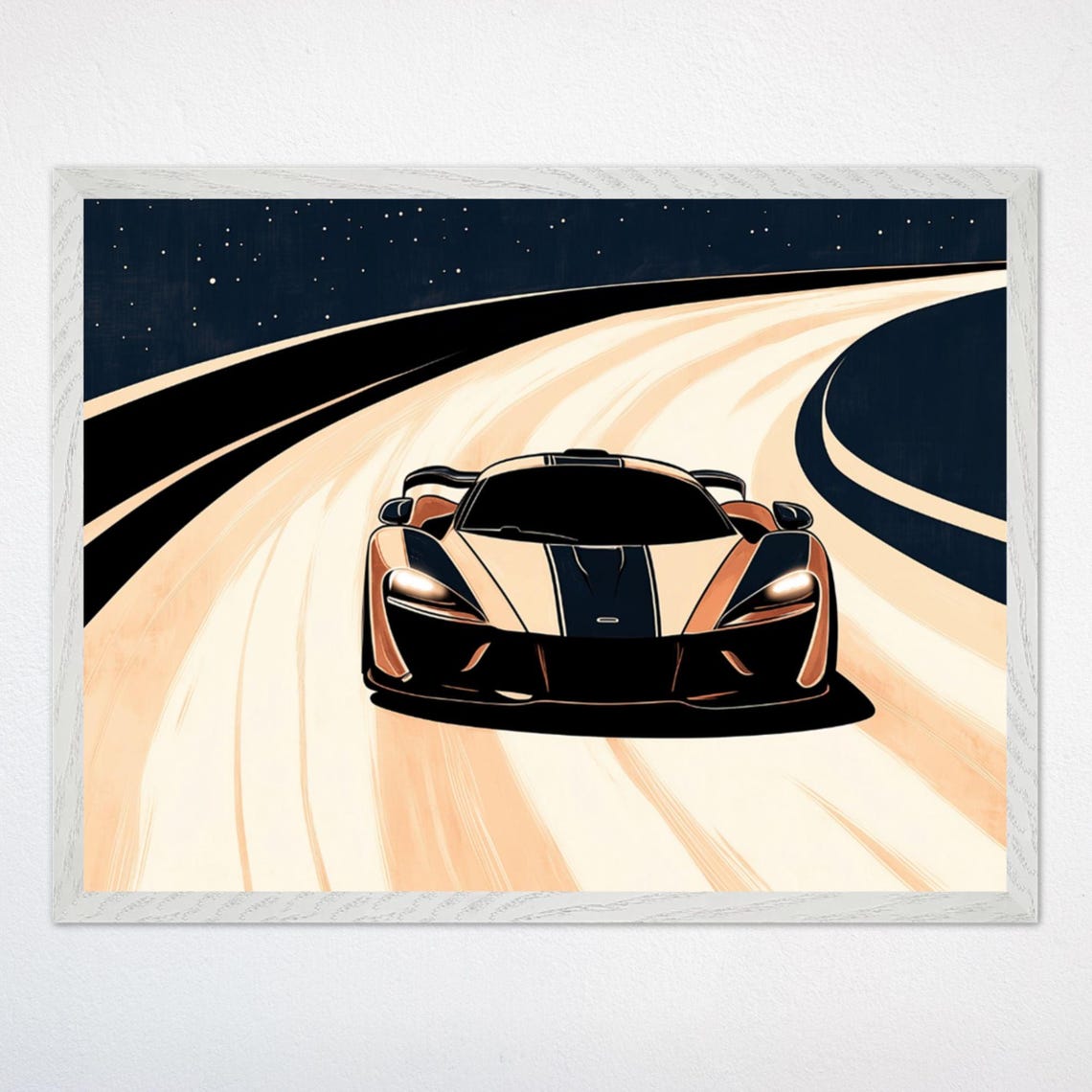 Modern Orange Supercar Speeding on Curved Night Track Poster