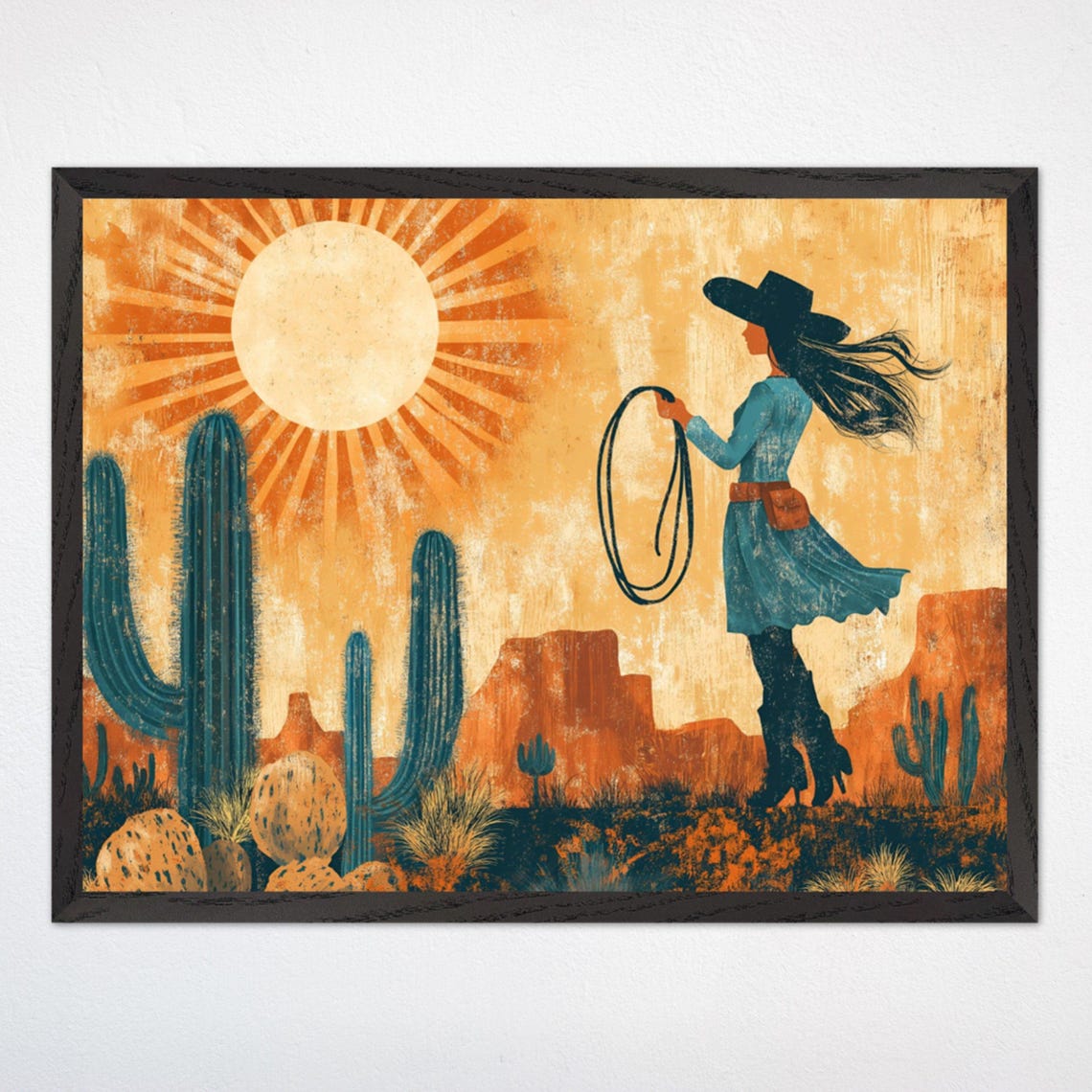 Cowgirl Silhouette With Lasso In A Desert Sunset Cactus Poster