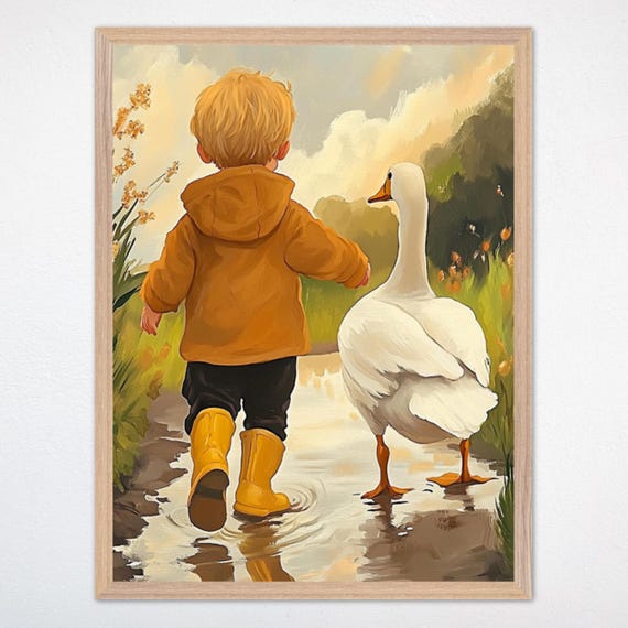 Boy And Goose Prairie Art Print Rustic Farmhouse Nursery Decor