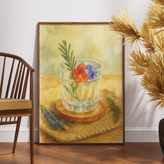 Botanical Cocktail Art Craft Print Edible Flowers Garden Bar Decor Herbal Watercolor Drink