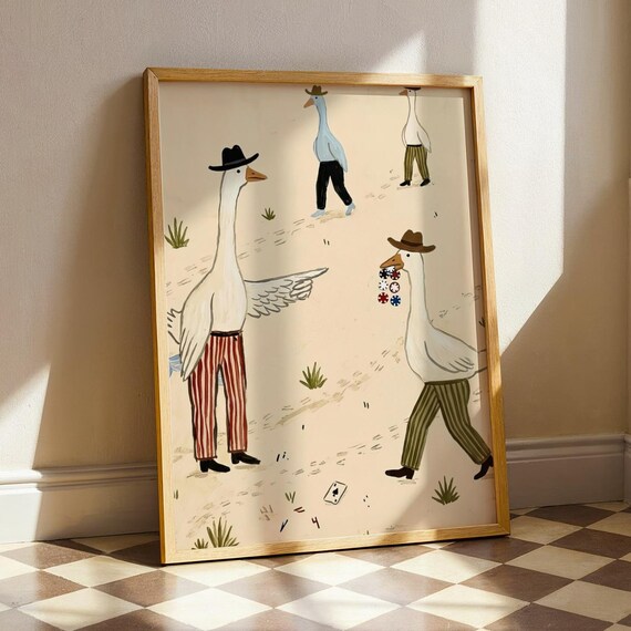 Cowboy Geese Poker Night Whimsical Western Birds Illustrated Poster