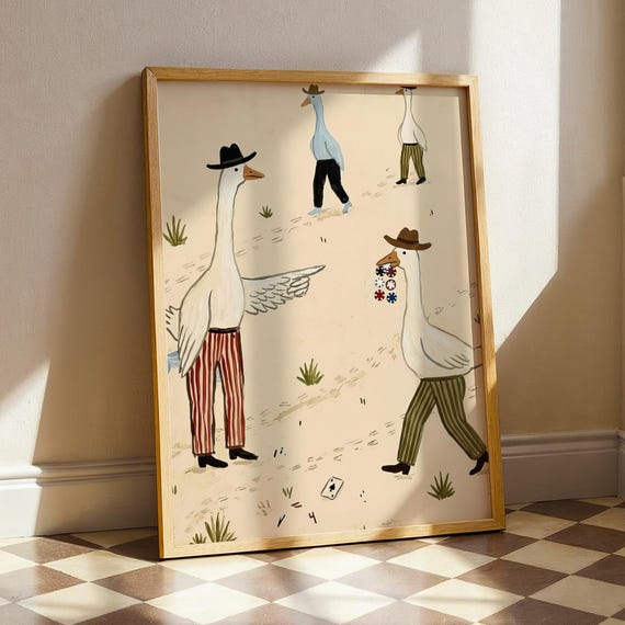 Cowboy Goose Naive Folk Art Print Funny Western Mid Century Poster Rustic Rodeo Animal Illustration Country Farmhouse Nursery Wall Decor