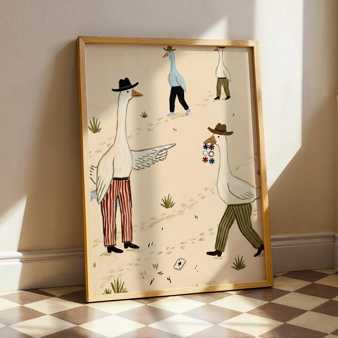 Cowboy Geese Poker Night Whimsical Western Birds Illustrated Poster
