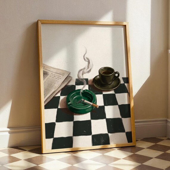 Vintage Espresso Morning Art Print Coffee Cigarette Still Life Painting Dark Academia Cafe Decor Cozy Kitchen Poster Digital Download