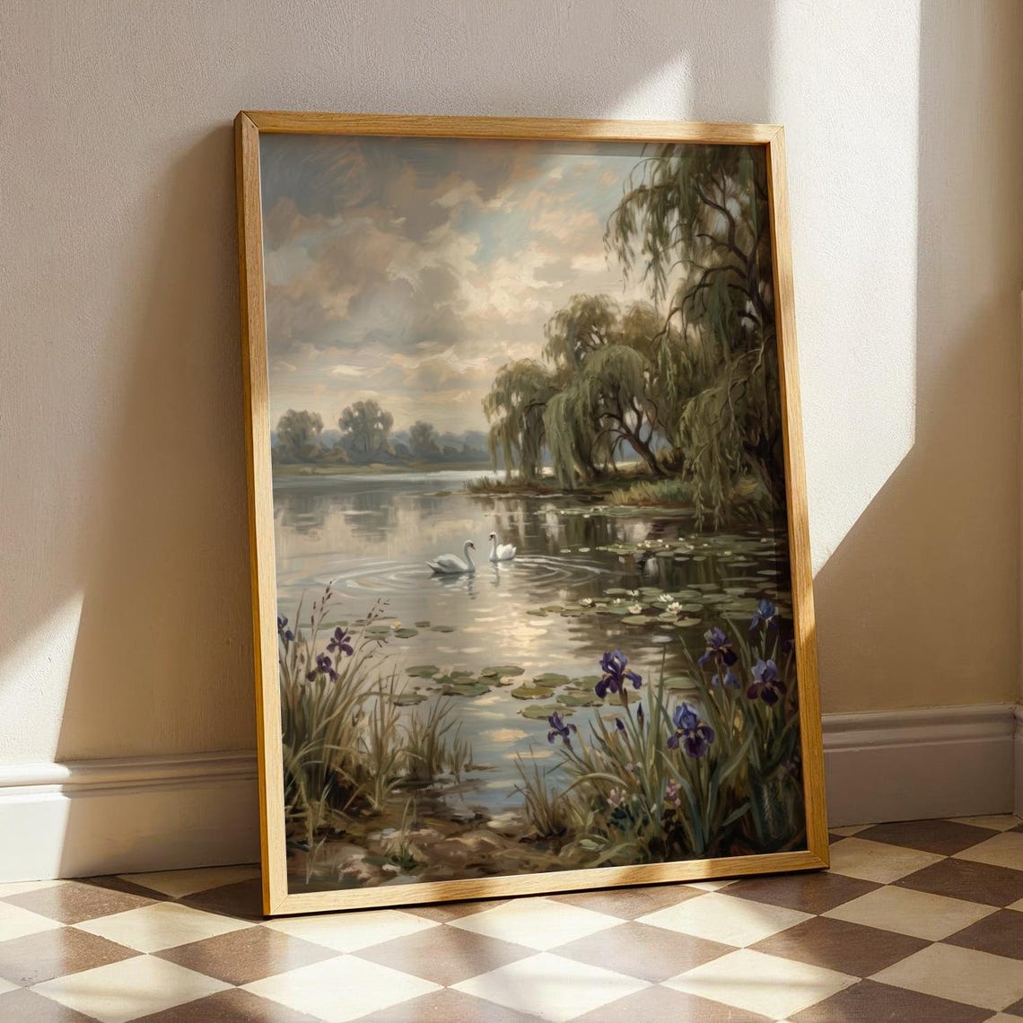 Swan Lake Art Print Moody Water Lily Landscape Painting Vintage Cottagecore Nature English Countryside Relaxing Decor Digital Download