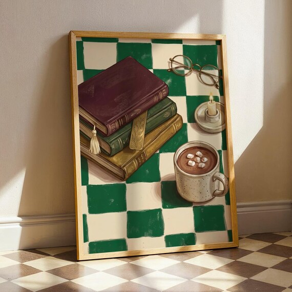 Maximalist Book Stack Wall Art Cozy Reading Nook Decor Green Checkerboard Lover Gift Vintage Bookish Print With Hot Cocoa Glasses
