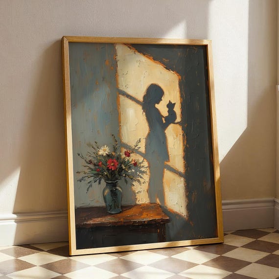 Shadows Of Cat Owner Under Sunlight Art Abstract Oil Painting Blurred Open Window Woman Figure Print Peaceful Wayne Thiebaud