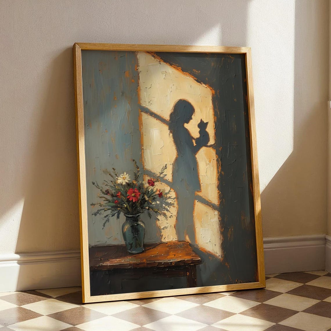 Silhouette Cat Owner Holding Cat Under Sunlight Oil Painting Poster